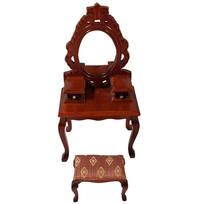 Tocador para casa de muñecas con taburete y espejo, miniatura, tocador tono cereza Foto 1 de 4