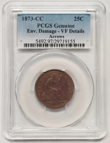1873-CC With Arrows Seated Liberty Quarter PCGS VF Details Only 50 Known RARE Cover