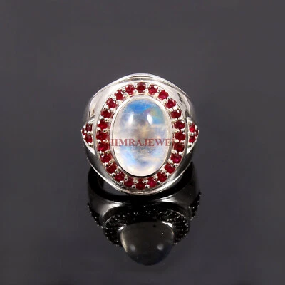 Piedra lunar arco iris natural y granate con anillo de plata de ley 925 para hombre #91 Foto 1 de 4