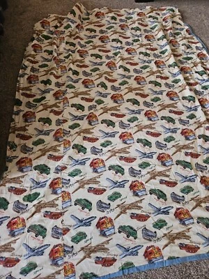 Vintage reversible PLAINES TRAINS AUTOMOBILES Sheet Comforter Blanket Blue 63x77 - Image 1 of 4