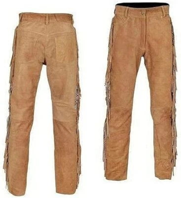 Men Native American Western Buckskin Ragged Leather Suede Pants Mountain Man - Image 1 of 2