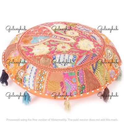 16X16 In Indian Handmade Cotton Pillow Cover Orange Bohemian Floor Cushion Cover - Image 1 of 4