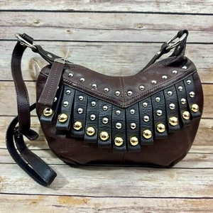 B. Makowsky Womens Brown Fringed Leather Purse Handbag with Silver & Gold Studs - Picture 1 of 9