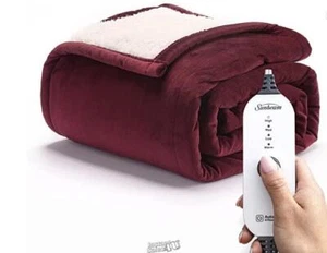 Sunbeam Royal Mink Sherpa Cabernet Red Electric Heated Throw 4 Heat Settings - Picture 1 of 2