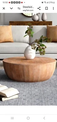 The Urban Port Drum Shape Wooden Coffee Table with Plank Design Base -... - Image 1 of 4