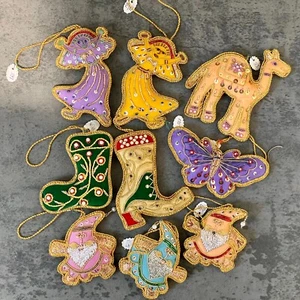 Lot of 9 Vintage Double Sided Embroidered Christmas Ornament Satin Silk Metallic - Picture 1 of 6