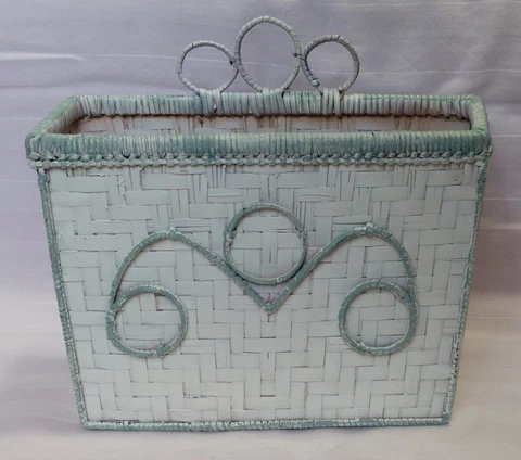 Rectangle Woven White Painted Hanging or Tabletop Basket with Sage Green Edges Cover
