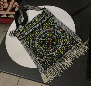 Vintage Hippy Retro Kitsch Quirky Hong Kong Bead Beaded Fringe Handbag Bag Purse - Picture 1 of 10