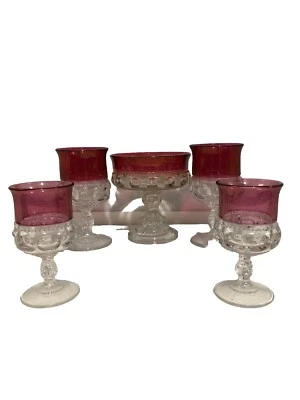 Vtg Indiana Kings Crown Thumbprint Ruby Red Goblets & Pedestal Footed Candy Dish - Image 1 of 4