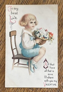 Victorian BOY Holds FLOWERS Antique Vintage Unsigned Clapsaddle Wolf Postcard! - Picture 1 of 6