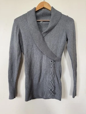 Gray Ribbed Asymmetrical Sweater with Lace-Up Detail Guess Y2K Vintage 90s 00s - Image 1 of 4