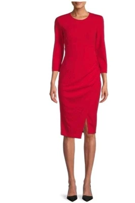 NWT Calvin Klein Red 3/4 Sleeve Sheath Midi Dress Ruching Details Sz 14 Holiday - Image 1 of 4