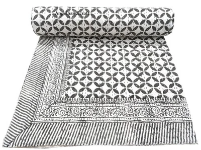 Brown Block Print Cotton Kantha Bedding Throw Coverlet Reversible Handmade Quilt - Image 1 of 4