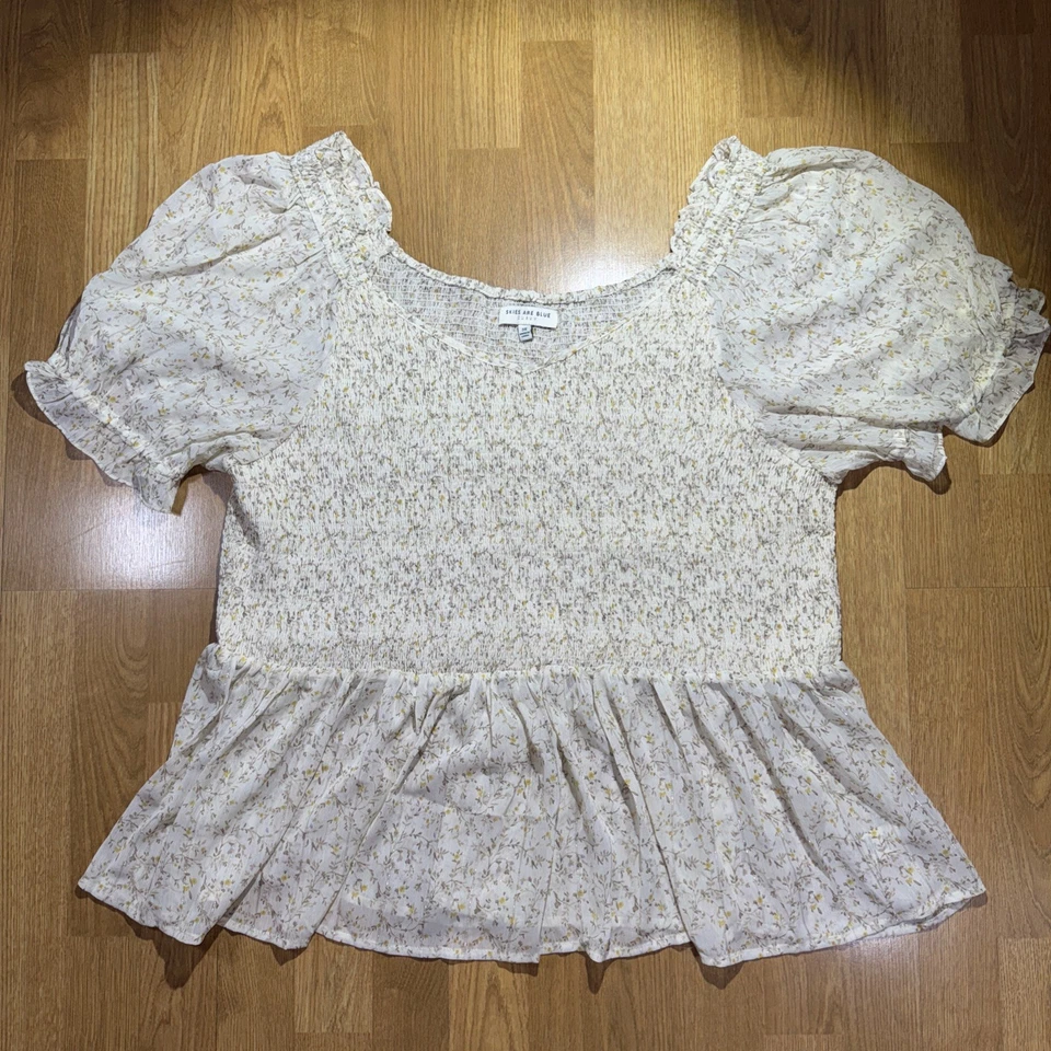 Women’s Smocked Babydoll Peasant Blouse Top Sz 3X Bubble Sleeve Sweetheart Neck - Image 1 of 4