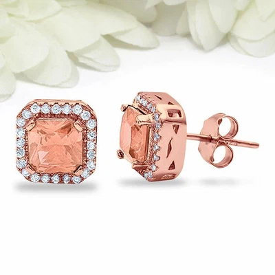 4ct Natural Morganite & Diamond Halo Solitaire Stud Earrings 14k Solid Rose Gold - Image 1 of 4