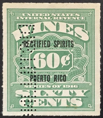 1916 US Revenue 60¢ Wines Rectified Spirits Puerto Rico Overprint Tax Stamp - Image 1 of 3