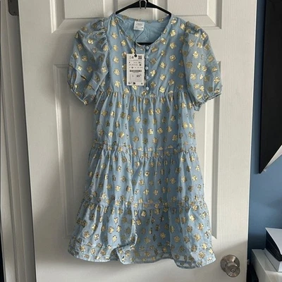 Zara Girl’s Ruffled Gold and Blue Dress Size 8 NEW - Image 1 of 4