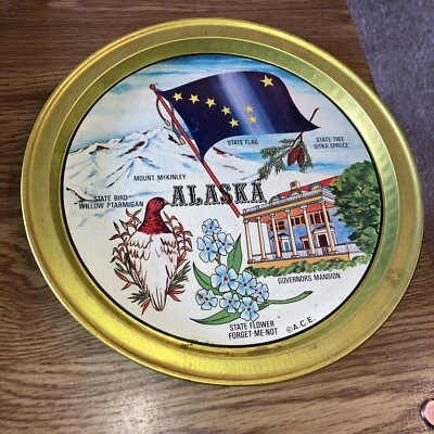 Vintage A.C.E. Metal Tray Souvenir of Alaska, Made In Hong Kong 10" - Image 1 of 3