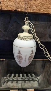 Vtg 11" White Acorn Egg Teardrop Ornate Bronze Decal Pendant Globe Shade Fixture - Picture 1 of 10