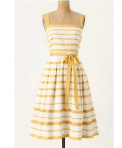 Anthropologie Moulinette Soeurs Sz 2 Golden Yellow Striped Fit & Flare Dress - Picture 1 of 7
