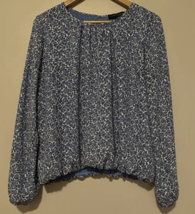 Tommy Hilfiger Top Womens M Blue White Floral Balloon Long Sleeve Career Blouse - Picture 1 of 10