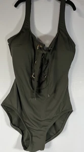 MICHAEL KORS OLIVE GREEN ONE PIECE SCOOP NECK GROMMET LACE-UP SWIMSUIT 8 - Picture 1 of 16