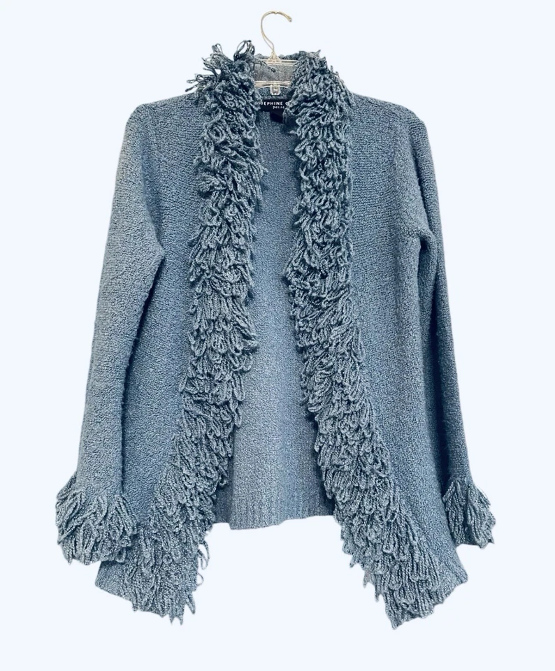 Vintage Josephine Chaus Petite M Blue Cardigan Fringe Wool Blend Sweater Boho - Изображение 1 из 4