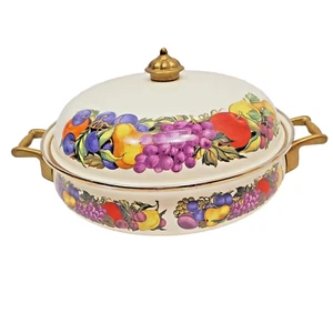 READ Vintage Cornucopia Dutch Oven Enamel Fruit Covered Lid Pot Brass Casserole - Picture 1 of 10