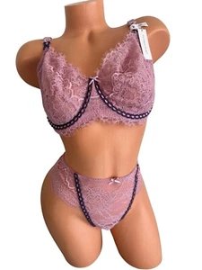 Victorias Secret Dream Angels Push Up Bra Thong Set Pink Lace  38DDD/XL - Picture 1 of 5