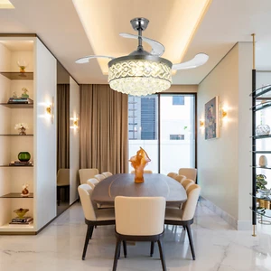 42" Retractable Ceiling Fans Modern Crystal Chandelier w/ 3-Color Light Remote - Picture 1 of 14