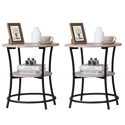 2PCS Side Table Round End Table w/ 2 Storage Shelves for Small Spaces Industrial - Image 1 of 4