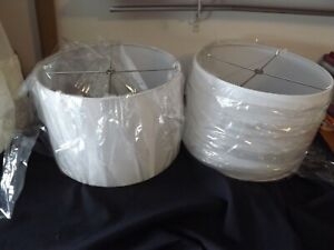 pair WHITE DRUM LAMP SHADES fabric covered MINT CONDITION 13x14x9" silver hardwa