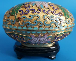 Vintage Brass Cloisonné Candle Oval Shape Box - Enamel Lidded with Wooden Stand - Picture 1 of 12