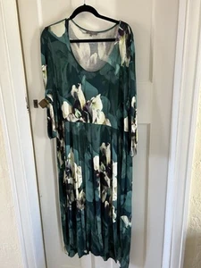 SAHARA DRESS FLORAL MIDAXI SIZE XL LONG SLEEVE SCOOP NECK SIDE POCKETS GREEN MIX - Picture 1 of 10