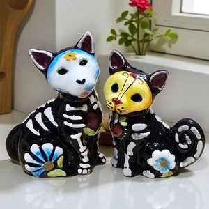 Blue Sky Decor of the Dead Dog & Cat Salt & Pepper Shakers Sugar Skull Skeleton - Picture 1 of 14