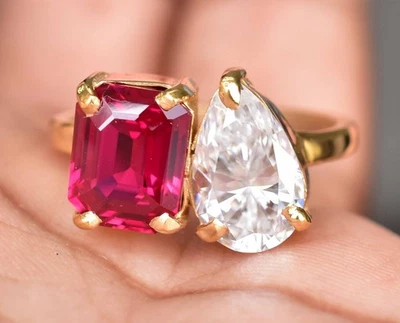 Anillo de boda GRA pera moissanita y rubí de plata de ley 925 para mujer certificado Foto 1 de 4