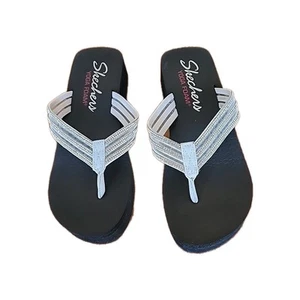 SKECHERS Women's Yoga Foam Rhinestone Platform Wedge Sandal in White Black 10  - Picture 1 of 6