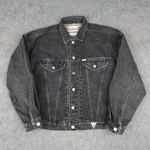 Vintage Guess Jacket Mens Large Black Trucker Made in USA Denim Triangle Jeans - Picture 1 of 13