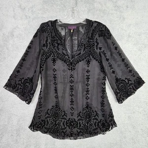 Top para mujer Hale Bob XS negro adornado boho seda rayón terciopelo agotado transparente - Imagen 1 de 24
