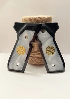 Beretta 92FS Pistol Grips White Pearl Black Wood Gold Medallion - Image 1 of 3