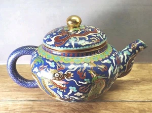 Vintage Chinese Cloisonné Teapot Dragon & Phoenix Blue Enamel Brass – Ornate - Picture 1 of 13