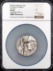 Swiss Shooting Fest Medal, R-1547a, AR, 50 mm, Valais, graded MS 65 by NGC! - Picture 1 of 6