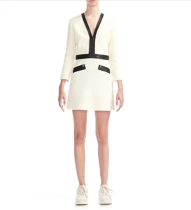 Maje Remma Faux Leather Detail Tweed Minidress Cream Size 42 (10 US) 400096 - Picture 1 of 4