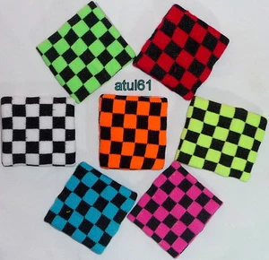 1 Check Checked Wrist Band Colour Hen Party Fancy Dress Sweatband Wristband - Picture 1 of 75