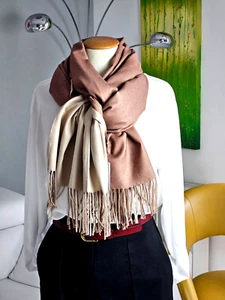 Passion Wende Schal Halstuch Wolltuch mit 20% Kaschmir 180X 70  Cream Hell Braun - Bild 1 von 7