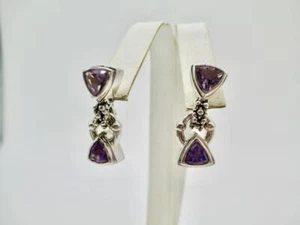 MICHAEL DAWKINS Sterling Silver & 14 KT Trillion Cut Amethyst Dangle Earrings - Picture 1 of 6