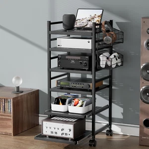 Audio Rack, 6-Tier AV Media Stand with Wire Basket and Wheels, Gaming Console Sh - Picture 1 of 7