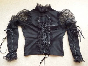 PHAZE Gothic Victorian Steampunk Black Lace High Neck Juliet Gigot Sleeve Top M - Picture 1 of 12