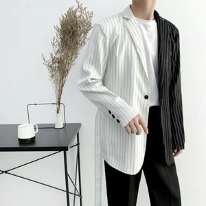 Mens Half Black Half White Notch Lapel Striped Suit Jacket Blazer Tie Waist Coat - Picture 1 of 8