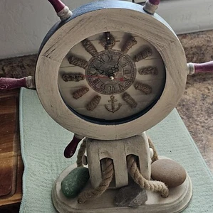 Nautical Ship Wheel Pully Steering Wheel Wooden Decor Mantel Clock Newport - Picture 1 of 8